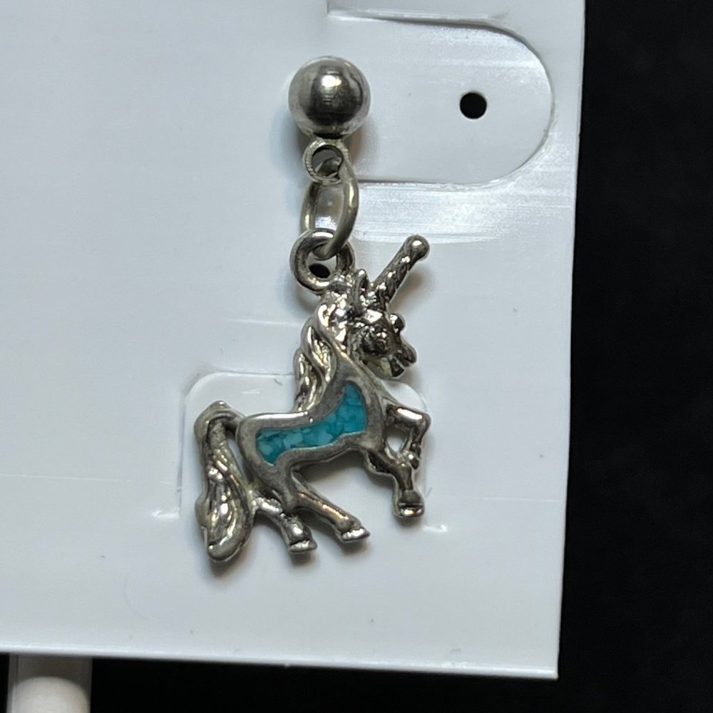 Vintage Silver Tone Faux Mosaic Turquois Unicorn Pierced Earrings (3780) - Picture 5 of 6